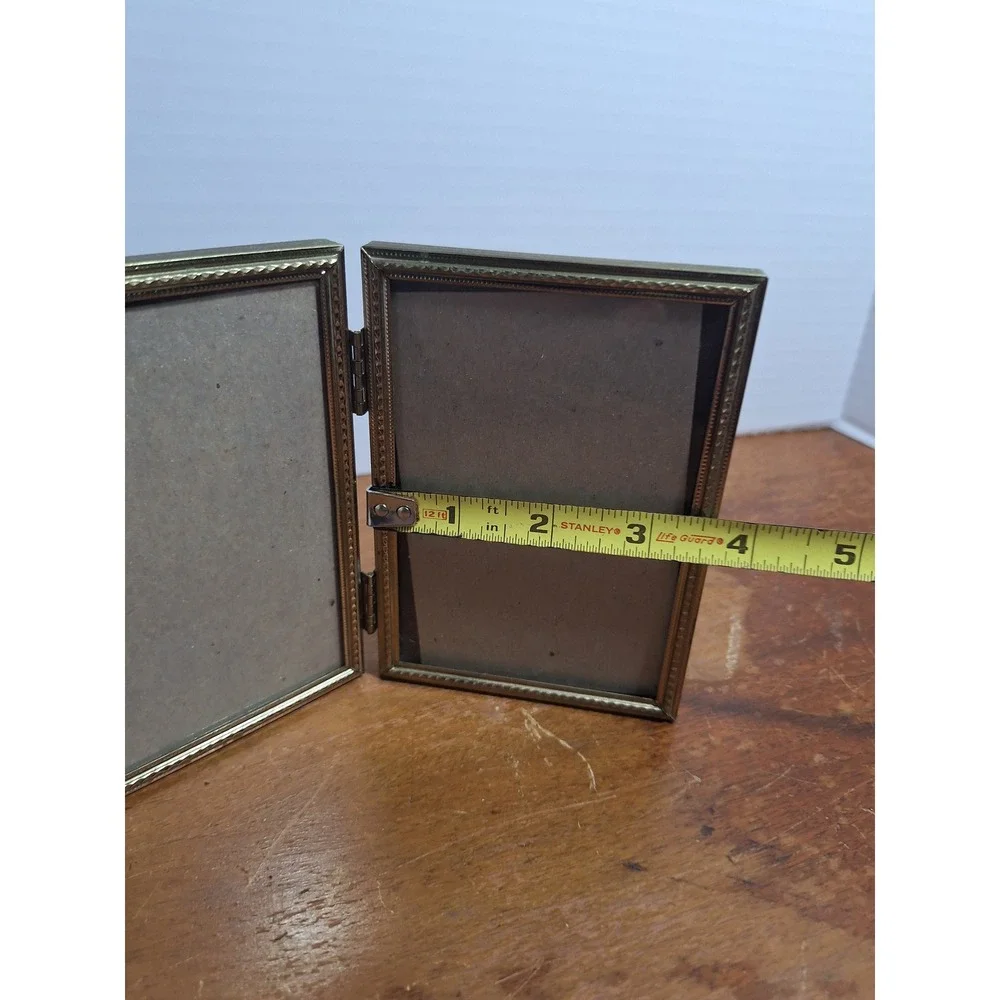 Vintage Brass Double Picture Frame Hinged Folding Filigree Gold Tone 5x3.5